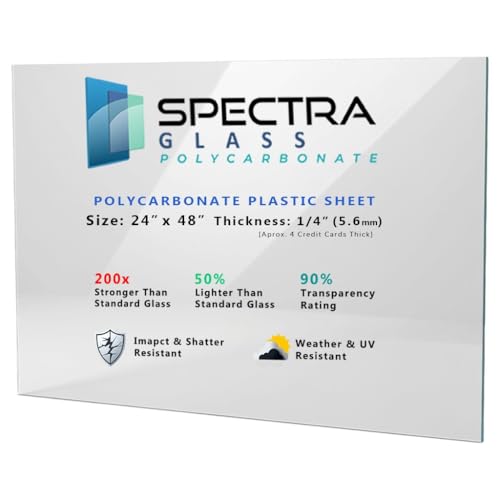 Spectra Glass Clear Polycarbonate Plastic Sheet. Stronger Than Plexiglass Sheets. UV, Impact, Weather Resistant. Sizes Nominal Cut Within +-1/8'. Made in USA. 24' x 48' (1/4' Thick)