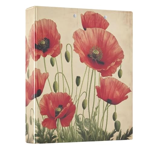 Image of 3 Ring Binder Red Poppy Flowers Vintage Poppies Floral 1.5 inch Binders Three Ring Binders with Clipboard Fit 8.5'' x 11'' Paper 3 Interior PVC Clear Pockets for Office Supplies