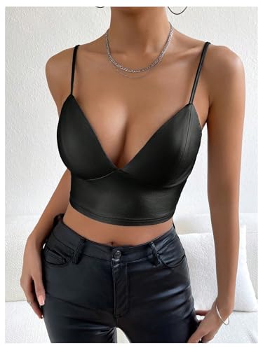 SOLY HUX Women's PU Leather Crop Cami Top Deep V Neck Push Up Camisole Club Rave Clothes2