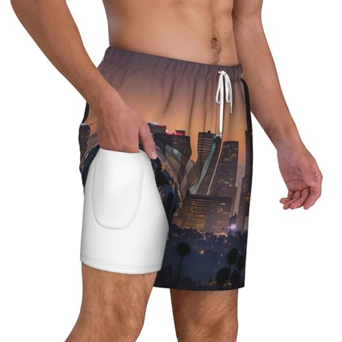 Men's Los Angeles Skyline Print Quick-Dry Mesh Swim Trunks Stretch Lining Beach Shorts Surfing Summer Vacations