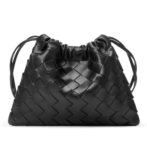 Mini Woven Drawstring Pouch Crossbody Bag for Women PU Leather Small Vintage Dustbag Style Shoulder Bag Purse