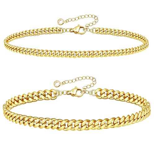 Image of Anklets for Women 14K Gold Plated Ankle Bracelets Waterproof Layered Cuban Link Chain Anklets Set Adjustable Summer Beach Vacation Travel Jewelry