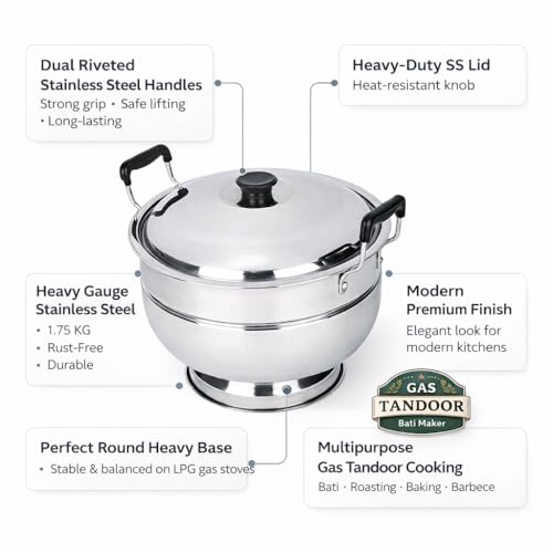 Image of Stainless Steel Bati Cooker & Gas Tandoor | with Multipurpose SS Tong | Multi-Purpose Gas Oven, Dual Riveted Handles | Roasting, Baking, Barbeque Grill | Bati, Pizza, Litti, Paneer Grill Maker