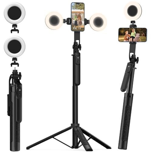 71 Phone Tripod with 2 LED Fill Lights All-in-one Extendable Selfie Stick with Detachable Remote & Phone Holder for iPhone Android Camera & GoPro