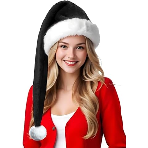 Long Black Santa Hat for Adult Unisex, Soft Velvet Xmas Hat, Fluffy White Fur Trim, Fuzzy Santa Clause Hat for Christmas New Year Festival Cover