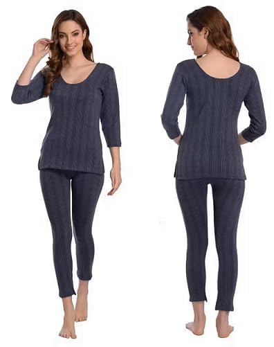 MeraOne Thermal Wear Set for Women Top & Bottom Winter Body Warmer Natural Insulation Cotton- (Blue)-picture-22