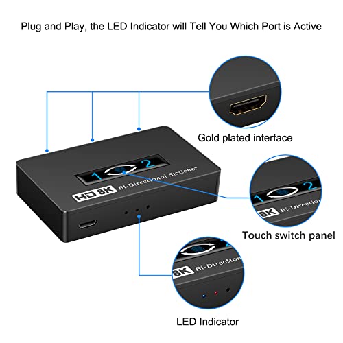 HDMI Switch 2x1 HDMI Splitter 8K/4K@60hz HDMI Switcher 2 in 1 Out HDMI Splitter 1 in 2 Out Bi-Directional Switch Support 3D Compatible for Xbox PS5/4/3 Blu-Ray Player Fire Stick Roku HDTV