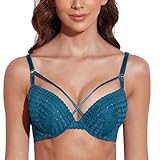 Deyllo Sexy Push Up Bra for Women, Underwire Lace Leopard Print Strappy Bra, Add 1 Cup Lift Padded Bralette, Party Cleavage Enhancer(Sapphire Blue,32DDD)
