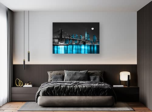 Aibonnly Wall Art Canvas Painting Black White And Blue New York Brooklyn Bridge 1 Piece Cityscape Night Building Skyline Picture Poster Print Framed For Living Room Bedroom Kitchen Office Home Decor #TOP5