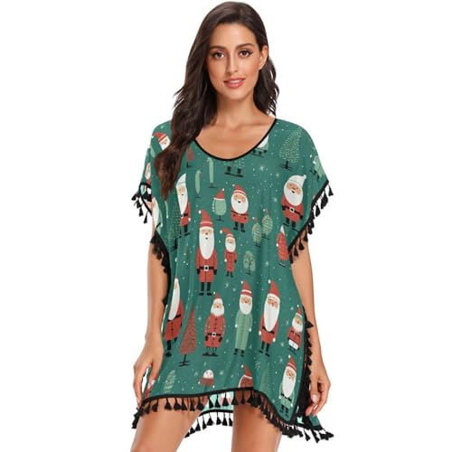 Green Santa Clauses Art Women's Beach Cover Up Chiffon Tassel Swimwear Swimsuit Coverups for Girl