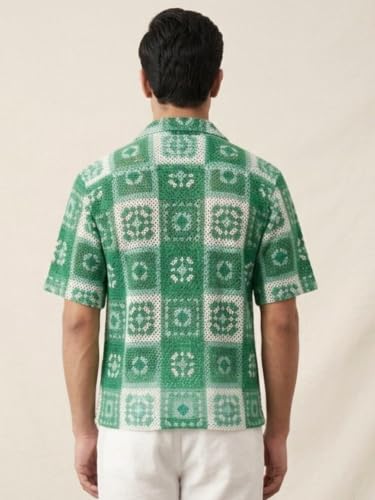 Image of GRECIILOOKS Men`s Shirt | Mens Casual Crochet Knitted | Half Sleeve Printed Crochet with Cuban Collar Shirt`s | Relaxed fit Textured & Stylish Premium Mens Shirt