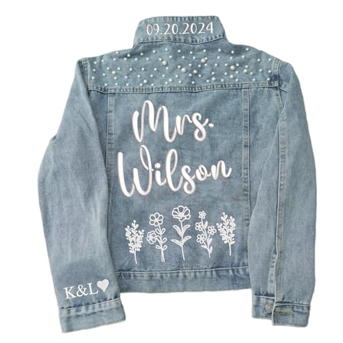 Custom Future Mrs Denim Jacket, Bride Jean Jacket With Pearls, Embroidered Denim Jackets For Bride with Rhinestone For Wedding, Wedding Gifts For Bridal