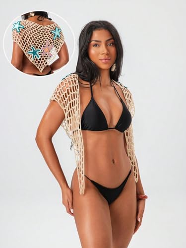 Image of ZAFUL Sarong Coverups for Women Beach Vacation Fishnet See Thru Tie Side Bathing Suit Cover Up Mini Skirt