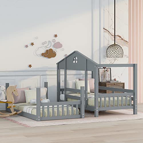 Meritline Kids Twin Bunk Beds With Slide, House Bunk Bed Twin Over Twin,Playhouse Floor Bunked Frame For Kids Girls Boys Teens,Converts Into 2 Separate Platform Beds,Grey #TOP2