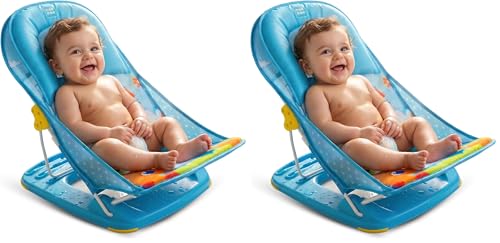 Image of Mee Mee Newborn Baby Bather | Bath Chair for Newborns and Infants 0-12 Months | Foldable | 3 Position Adjustable Chair | Anti Skid Base | Washable Soft Mesh Seat | for Babies Upto 5Kg (Blue)