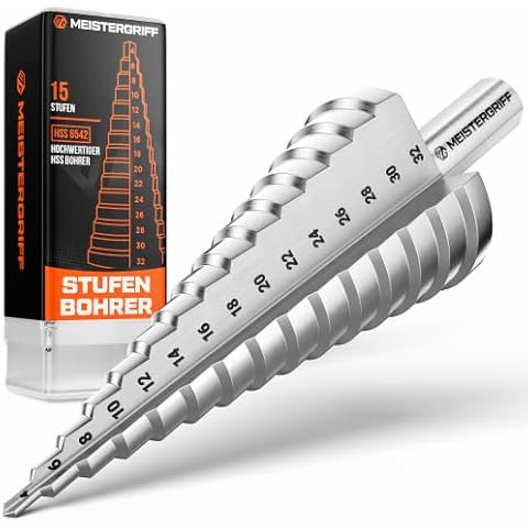 MEISTERGRIFF® Stufenbohrer [15 Stufen | Ø 4-32mm] für Metall, Edelstahl, Kunststoff, Holz - Hochwertiger HSS Kegelbohrer - 10mm Schaft für jedes Bohrfutter - Schälbohrer Cover