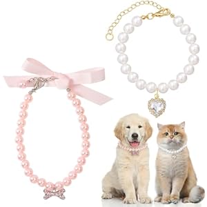 2 Pcs Cat Dog Collars,with Rhinestone Bones,Heart Shape Rhinestone Pet Necklace,Dog Pearl Necklace Collar Cats and Dogs Cute Accessories for Cats and Dogs Birthday, Party, Wedding (M)