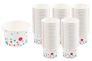 GSM Brands Paper Ice Cream Cups (Polka Dots Design) - 100-Count - 8 oz Disposable Dessert Bowls for Hot or Cold Food, 8-Ounce Party Supplies Treat Cups for Sundae, Frozen Yogurt, Soup, White