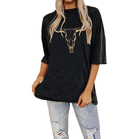 IZYJOY Women's Boho Cow Skull Graphic Tee - Vintage Rodeo Short Sleeve Casual Top (Charcoal Black, Medium) Cover