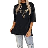IZYJOY Women's Boho Cow Skull Graphic Tee - Vintage Rodeo Short Sleeve Casual Top (Charcoal Black, M