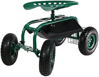 Sunnydaze Rolling Garden Cart with Seat - Garden Stool with Wheels and Adjustable 360-Degree Swivel Seat - Utility Tool Tray and Storage Basket - Green