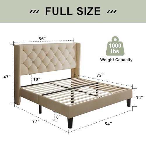 Image of Feonase Full Size Bed Frame with Upholstered Wingback Headboard, Platform Bed and Heavy Duty Wooden Slats Support, Easy Assembly, Noise-Free, No Box Spring Needed, Beige