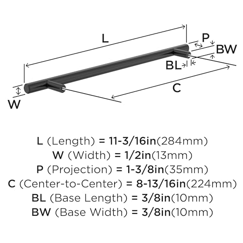 Image of Amerock 8-13 /16 inch Bar Pulls Matte Black Drawer Pull | 8-13 /16 inch (224mm) Center-to-Center Mounting Distance and 11-3 /16 inch Overall Length, Durable Carbon Steel Cabinet Hardware