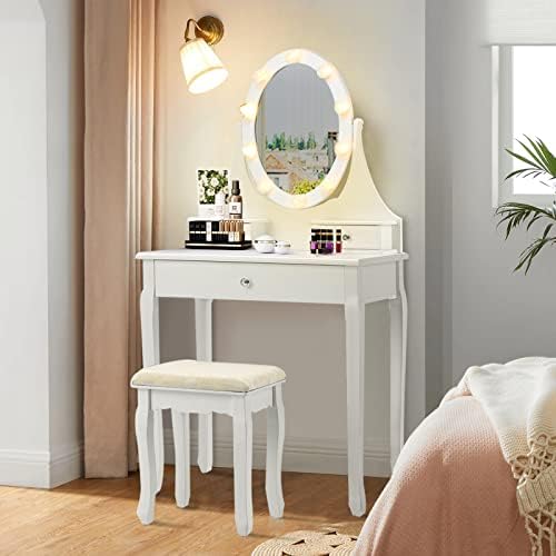 CASART Vanity Table Set, 2-in-1 Dressing Table with Cushioned Stool, 10 LED Rose Lights & Removable Top, 3 Drawer Makeup Dresser Desk for Dressing Room Bedroom, White