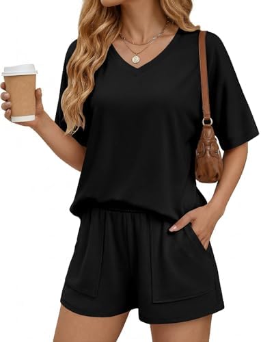 Ekouaer Two Piece Sets for Women Summer V Neck Lounge Short Sets ...