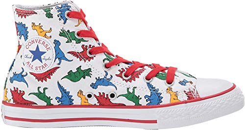 Converse Boys Chuck Taylor All Star Dinoverse High Top Sneaker, White/Enamel Red/Totally Blue, 2 M US Little Kid