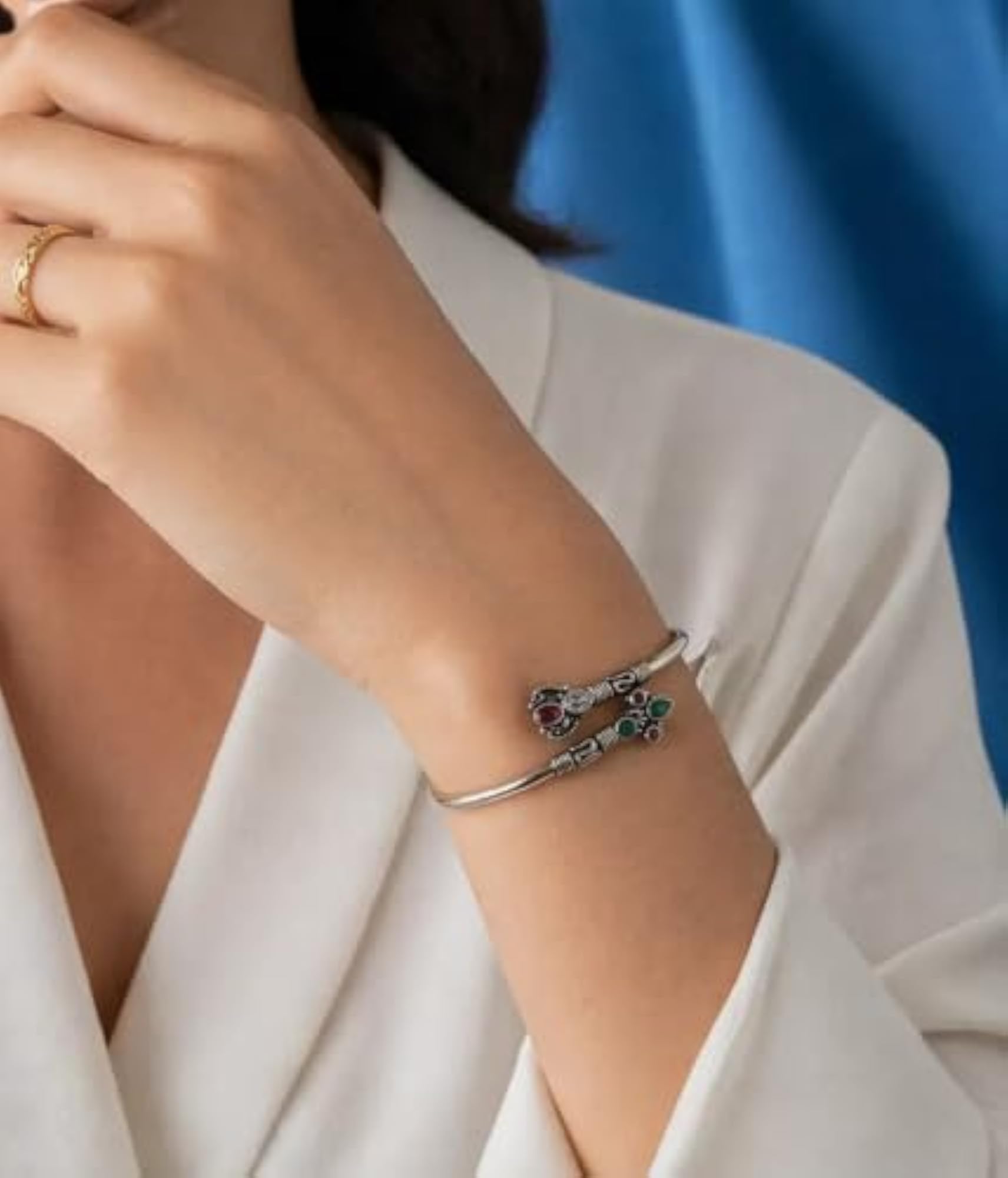 Ethnic Silver Gemstone Open Cuff Bangle Bracelet for Women