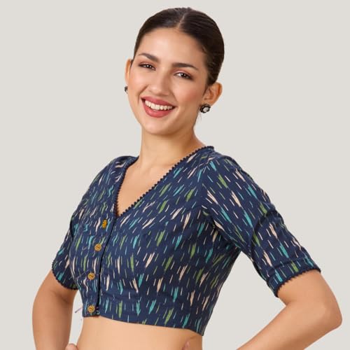 Image of Studio Shringaar Women's Cotton Ikat Printed Elbow Length Sleeves Saree Blouse