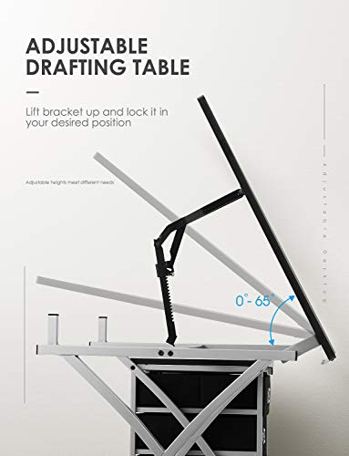 Kealive Adjustable Drafting Table Drawing Desk with Padded Stool, X Cross Art Desk Craft Station with 3 Storage Drawers and Thick MDF Desktop, Black