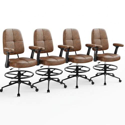 Image of Marsail Drafting Chair with Flip-Up Armrests and Footrest, Ergonomic Tall Office Chair, Height Adjustable High Chair, Brown Leather Seat with Thick Cushion, 360 Swivel, Pack of 4