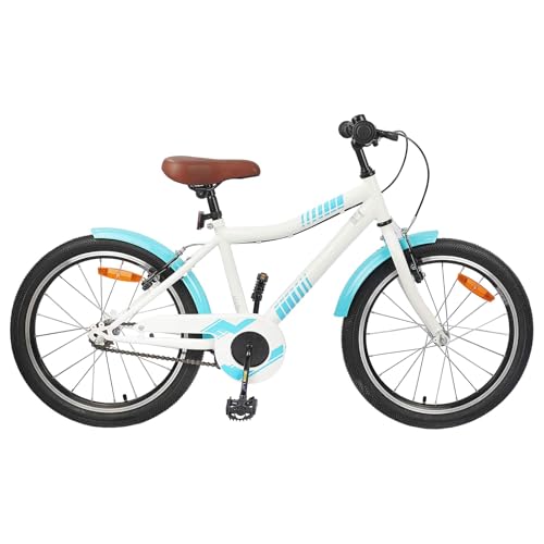 Runheo Bicicleta infantil de 18 pulgadas azul cielo de acero para 5-7 años de edad con asiento ajustable y manillar, marcha única, freno lineal, guardabarros ideal para exteriores, carretera, ciudad y