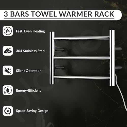 Image of Plantex Electric Heated Towel Rack for Bathroom /304 Grade Stainless Steel 3-Bar Wall Mounted Towel Warmer /Towel Bar /Fast Heating & Rust Proof - Pack of 1 (Chrome, 400mm X 300mm)