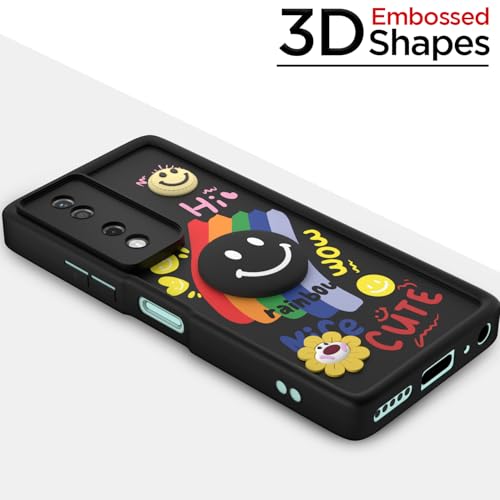 Image of Pikkme Back Cover for Honor X7B 5G | Soft Silicone| Cute Rainbow Smile & 3D Cartoon Flower Design | Shockproof Raised Camera Protection Bumper Case (Black)