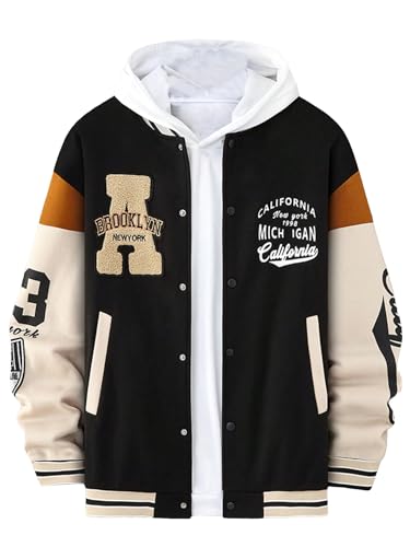GORGLITTER Men's Letter Graphic Color Block Baseball Jacket Button Front Long Sleeve Bomber Jackets