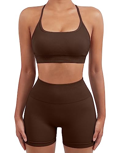 Image of SUUKSESS Women Seamless Workout Sets Strappy Sports Bra High Waist Booty Shorts Outfits