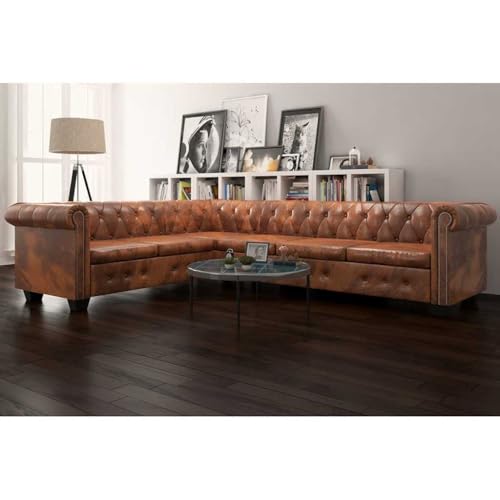 MOBCANT Chesterfield-Ecksofa 6-Sitzer Kunstleder Braun Wohnlandschaft Couch Couchgarnitur Polstergarnitur für Wohnzimmer Büro Schlafzimmer Empfangsraum