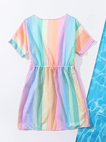 OYOANGLE Girl's Drawstring Waist Short Sleeve Swimwear Kimono Sheer Mesh Cover Up Short Dress2