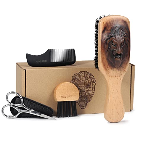 Beard Brush,BESTOOL Boar Bristle Beard Brush Comb Set for Men Wooden Beard Brush Grooming Kit for Growth, Styling, Smoothing, Makes a Great Gift for