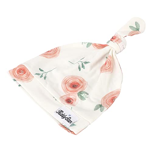 Kiddystar Newborn Baby Top Knot Hat, Mittens, Infant Caps - Adjustable Beanie Hat For Baby Boy And Girl, Off White, Floral Print #TOP1