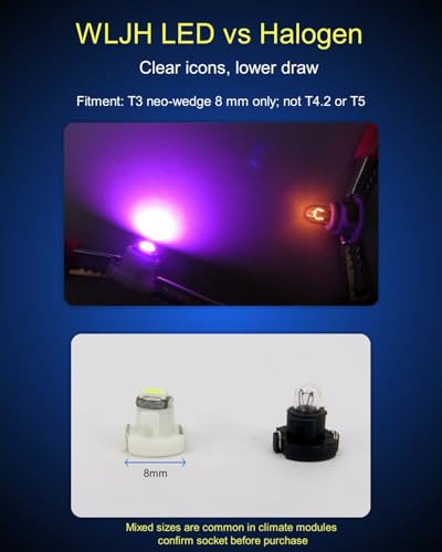 Image of WLJH Pink T3 LED Bulb Neo Wedge 8mm Base for Climate Control Dash Panel | 3030 SMD, 12V, 60,000 Hours Lifespan, 360 Light Output, HVAC Control, Dashboard Switches, Instrument Panel, 10-Pack