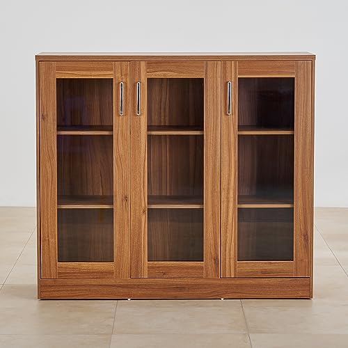 Image of Home Centre | Quadro 3-Door Book Cabinet | Engineered Wood | Brown | 1 Year Warranty