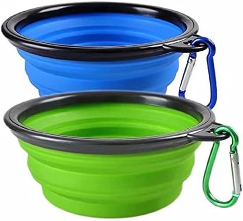 Woodlandu collapsible dog travel bowls,silicone portable pet bowl for hiking,camping,feeding dish and water, expandable cup for pet dog cat food water,free carabiner green and blue