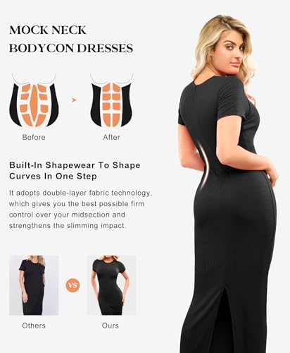 Image of Popilush Shaperwear Dress Built-in Bra Women's Casual Lounge Dress with Zipper Short Sleeve Mock Neck Bodycon Dresses