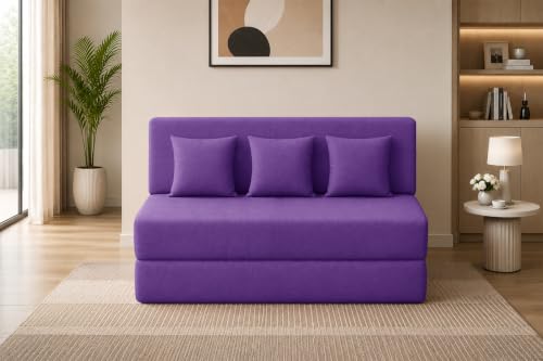 Image of Los Angeles Foldable Three Seater Sofa Cum Bed, Sofa Bed 5 X 6 Feet Jute Fabric Washable Cover- Including Cushion Perfect for Living Room & Office,Guest Room - Purple Color