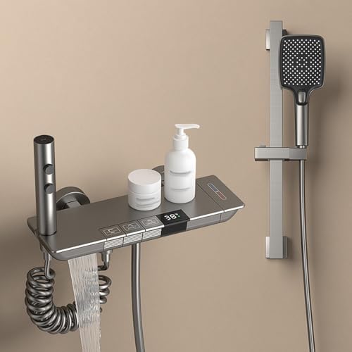 Grifo Mezclador de Ducha de Pared con Termostato Grifo de Bañera Gris Metalizado con Cabezal de Ducha En Cascada Y Barra de Ducha Elevable