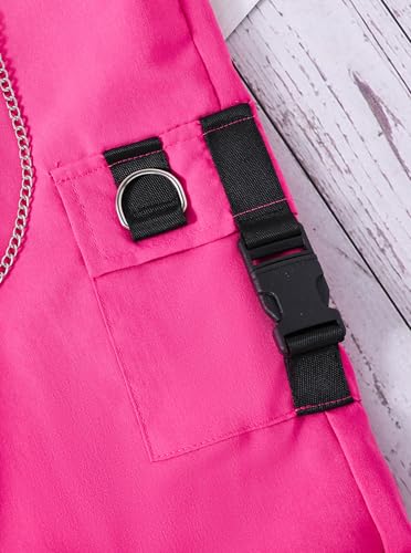 Image of Hilinker Girl's Cute 2 Piece Outfits Basic Short Sleeve Tee and Cargo Pants Sets Workout Black Hot Pink 7-8 Year